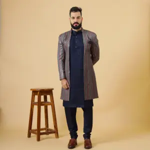 Stunning Mirror Embroidered Grey Open Sherwani with Navy Blue Kurta Pajama for Men - Father Son Combo | Jaipurio